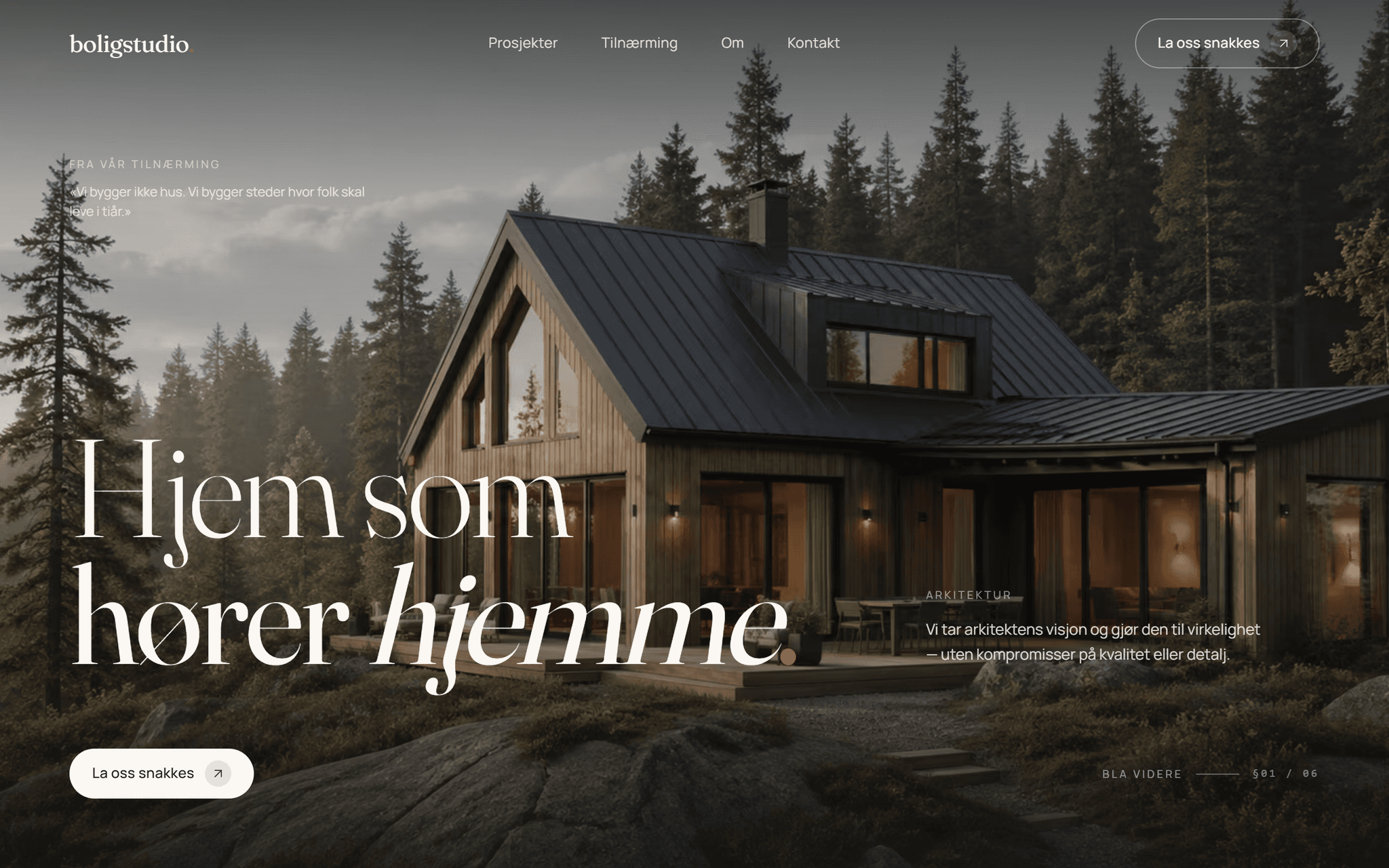 Skjermbilde av boligstudio.no, hjemmeside med stort hero-foto av et hus i skogen
